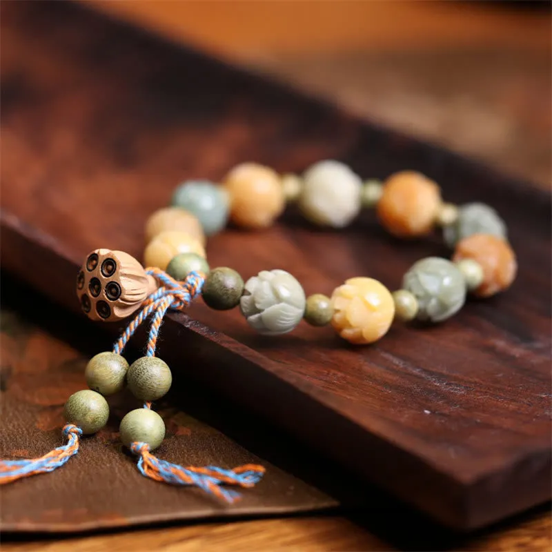 Sandalwood Buddha Bracelet with Bodhi Seed, Green Lotus, Wisdom, and Harmony Stones - Image 2
