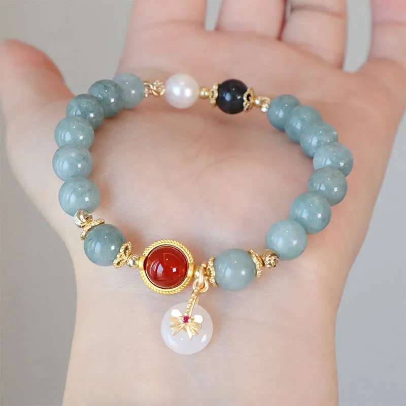 Natural Jade Red Agate Pearl Bracelet with Bow Tie Luck Charm - Image 4