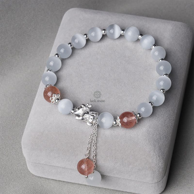 Luck Muse Cat's Eye Moonstone Strawberry Quartz PiXiu Bracelet - Image 8