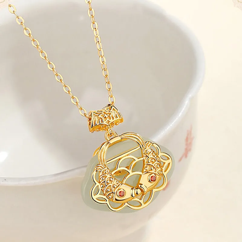 Luck Muse 925 Sterling Silver Hetian Jade Koi Fish Wealth Necklace - Image 5