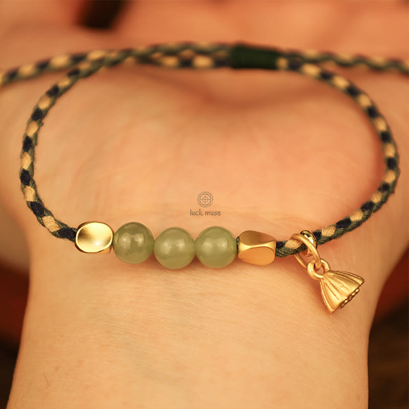 Handcrafted Hetian Jade Lotus Charm Bracelet - Luck Muse Lucky Braided Bracelet - Image 2