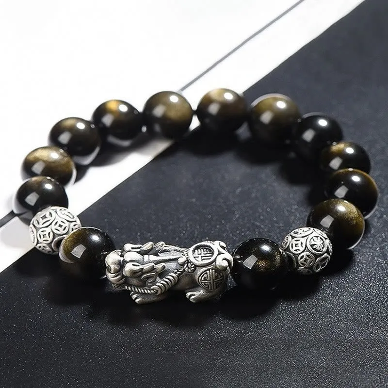 Luck Muse 925 Sterling Silver Gold Sheen Obsidian PiXiu Protection Bracelet - Image 4