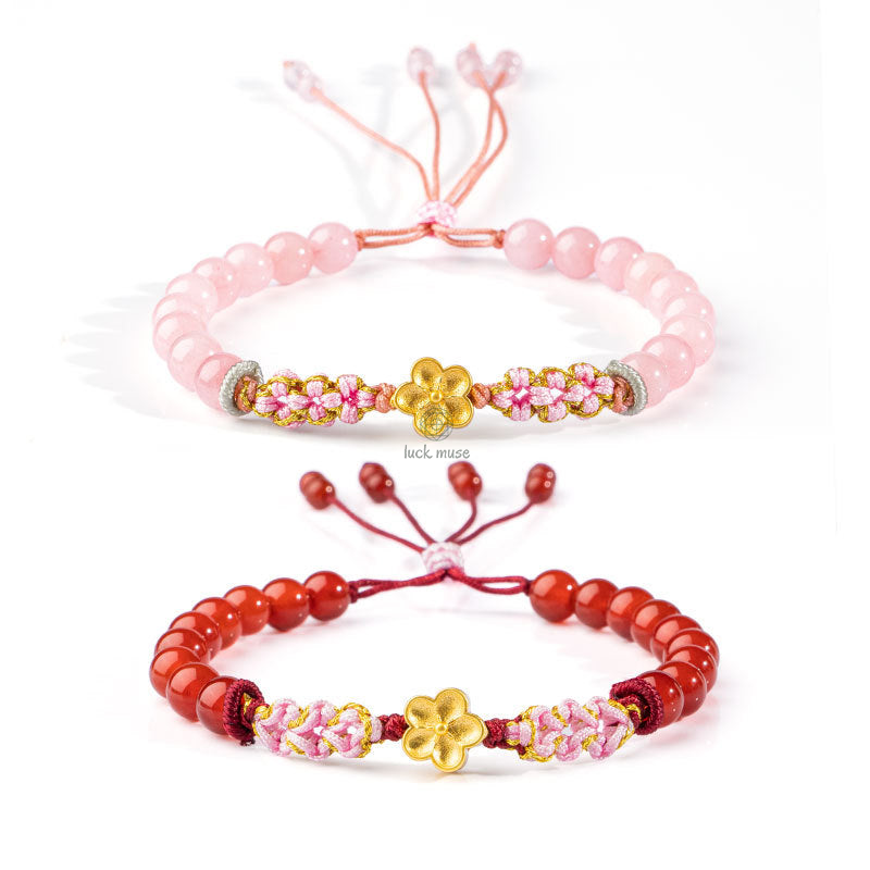 Natural Red Agate Pink Crystal Cherry Blossom Bracelet crafted with Luck Muse 999 Sterling Silver