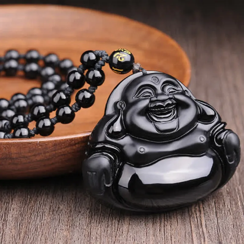 Laughing Buddha Black Obsidian Pendant Necklace - Luck Muse Transformation Collection - Image 3