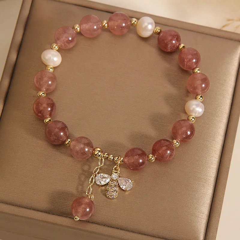 Strawberry Quartz Pearl Zircon Honeybee Charm Bracelet - Image 2