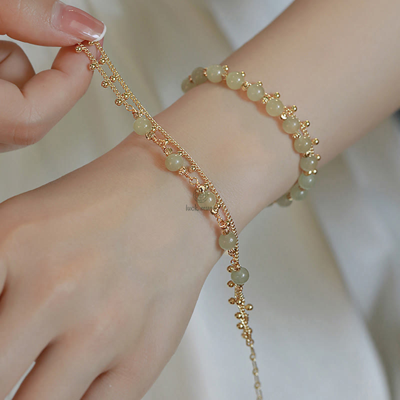 Luck Muse Shop 14K Gold-Plated Double Layer Hetian Jade Bead Bracelet for Luck and Prosperity - Image 8