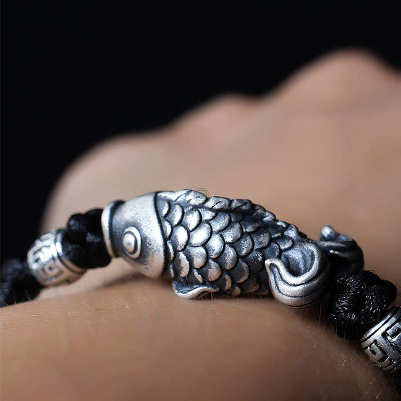 Braided String Bracelet with Silver Koi Fish Design for Good Fortune - Image 3