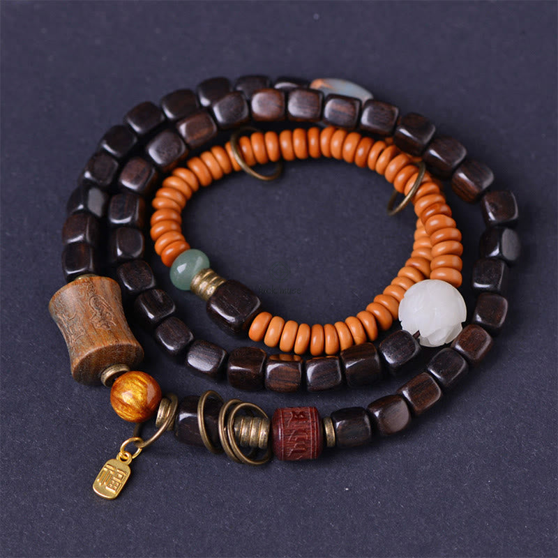 Green Sandalwood Ebony Om Mani Padme Hum Engraved Peace Triple Wrap Bracelet with Luck Muse - Image 14