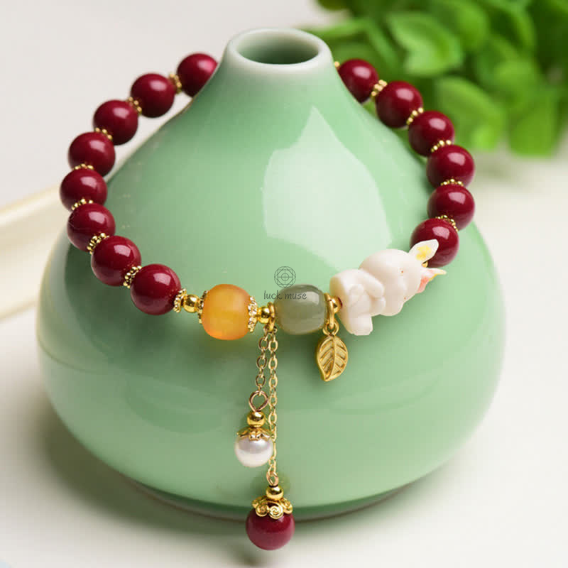 Year of the Rabbit Cinnabar Hetian Jade Bunny Beaded Bracelet with Blessings