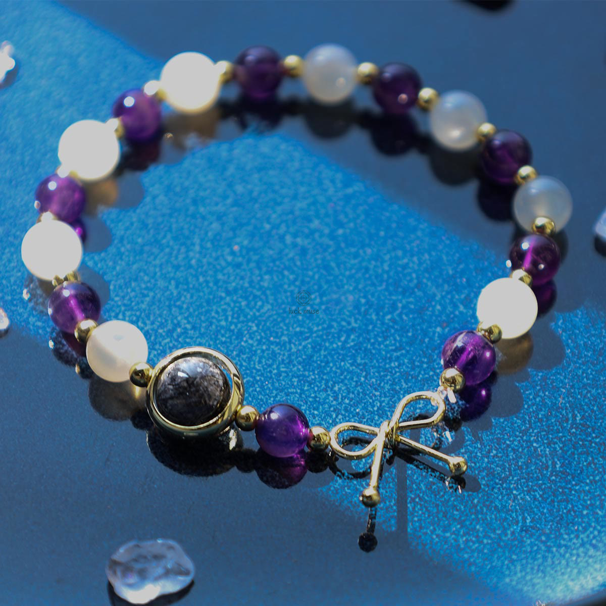 Spiritual Bead Bracelet with Amethyst, Cat's Eye, and Black Rutilated Quartz - Image 6