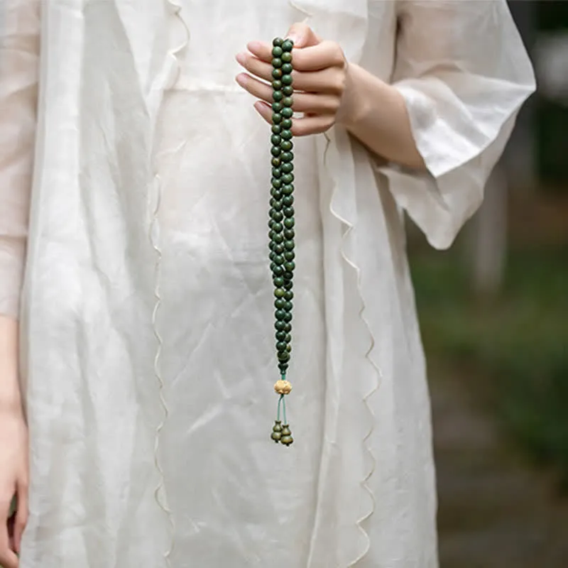 Luck Muse 108 Mala Beads Bracelet with Green Sandalwood Boxwood Lotus Design - Image 13