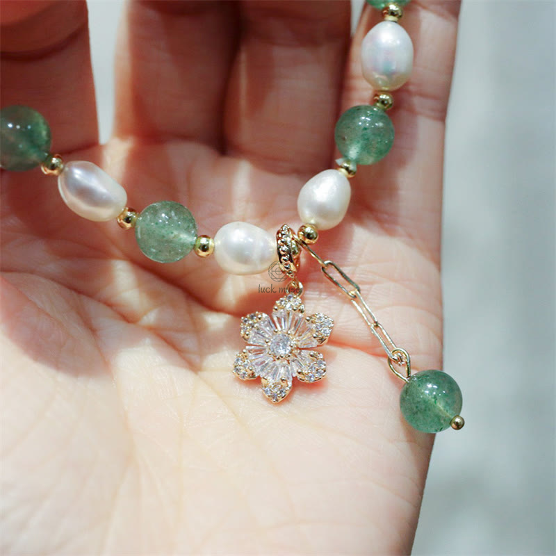 Natural Green Strawberry Quartz Pearl Flower Charm Bracelet - Image 9