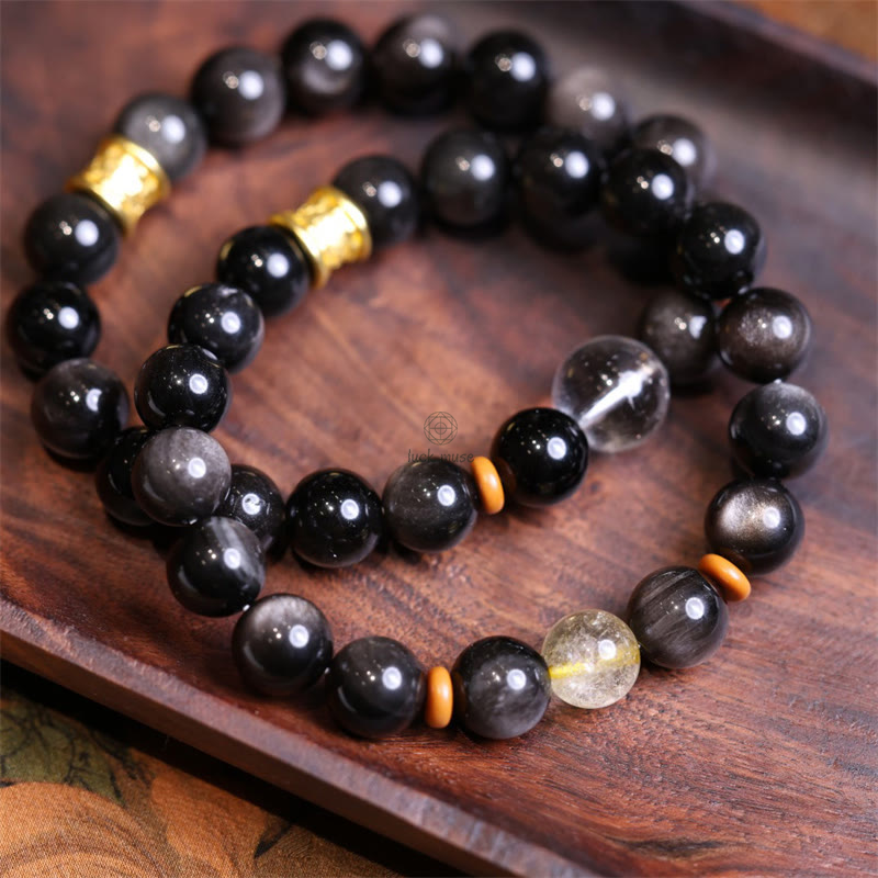 Luck Muse Silver Sheen Obsidian Om Mani Padme Hum Protection Bracelet - Image 2