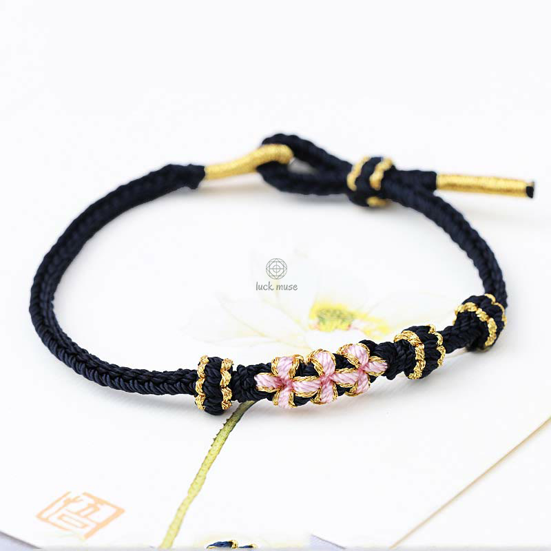 Braided String Bracelet with Handmade Three Peach Blossoms for Good Luck - Eight Strands - Image 13