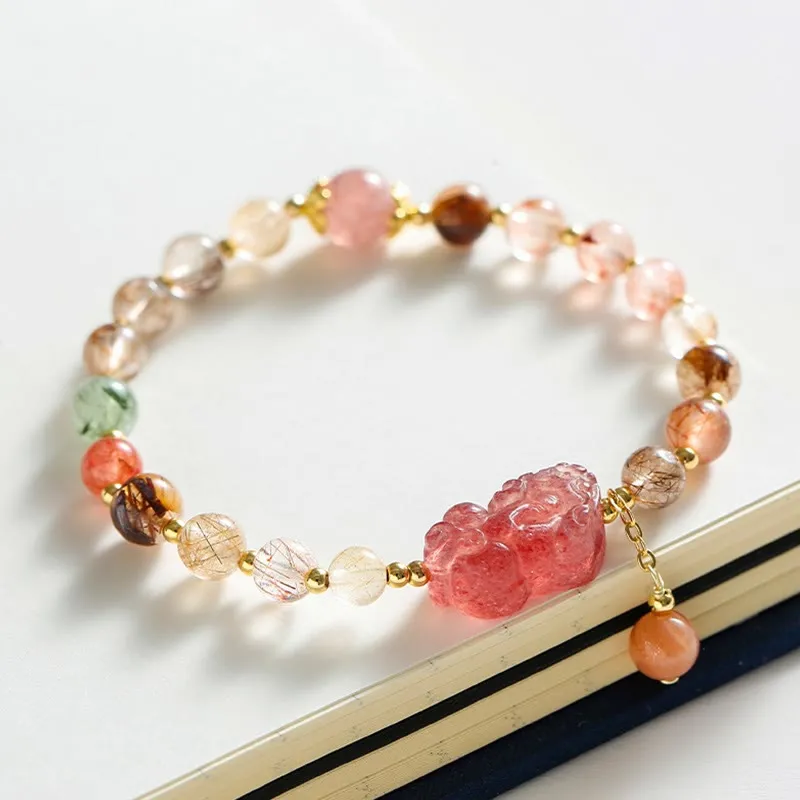 Natural Rutilated Quartz and Strawberry Quartz Wealth Bracelet with Pi Xiu - Image 2
