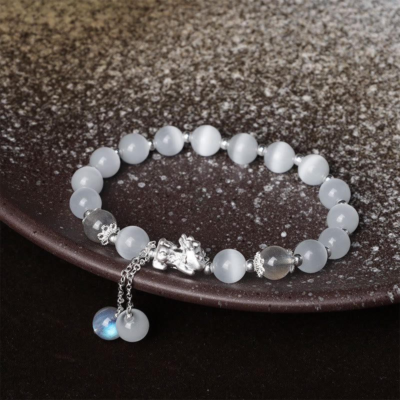 Luck Muse Cat's Eye Moonstone Strawberry Quartz PiXiu Bracelet - Image 2