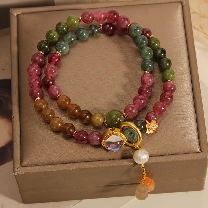 Positive Energy Multicolored Tourmaline Luck Muse Double Wrap Gourd Charm Bracelet - Image 4