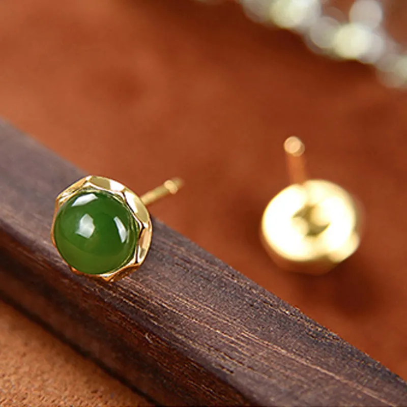 Luck Muse Gold-Plated Sterling Silver Hetian Cyan Jade Luck Stud Earrings - Image 5
