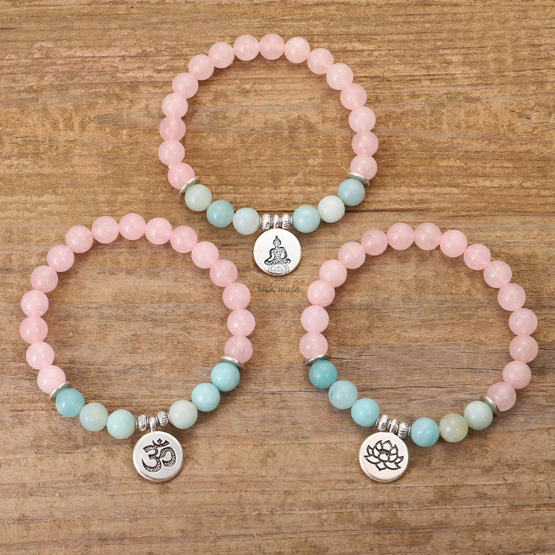 Natural Pink Crystal Amazonite Buddha Bracelet with Lotus and OM Symbol - Image 3