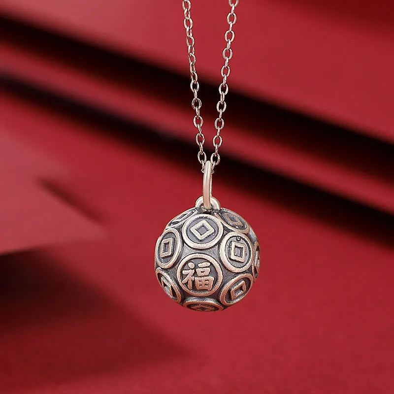 Luck Muse 990 Sterling Silver Fu Character Copper Coin Luck Fortune Pendant Necklace - Image 2