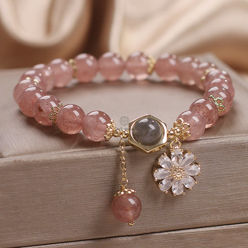 Strawberry Quartz Crystal Daisy Charm Healing Bracelet - Image 6