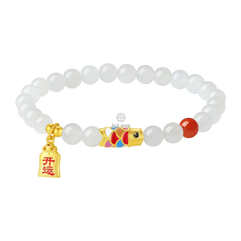 Hetian White Jade and Red Agate Koi Fish Luck Bracelet in 925 Sterling Silver - Image 11