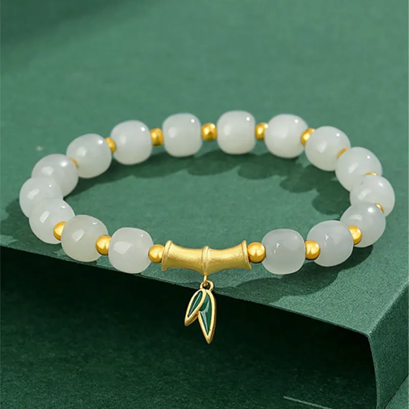 Bamboo Luck Bracelet with Hetian White Jade and 925 Sterling Silver Accents