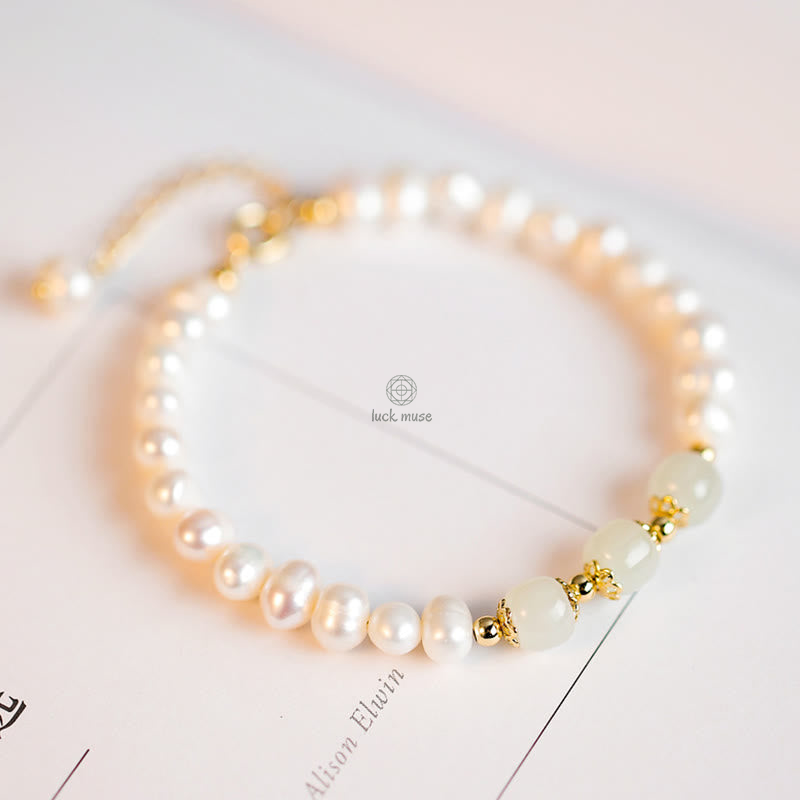 Luck Muse 14K Gold Plated Sincerity Bead Chain Bracelet with Natural Pearl, Hetian Cyan Jade, and White Jade - Image 22