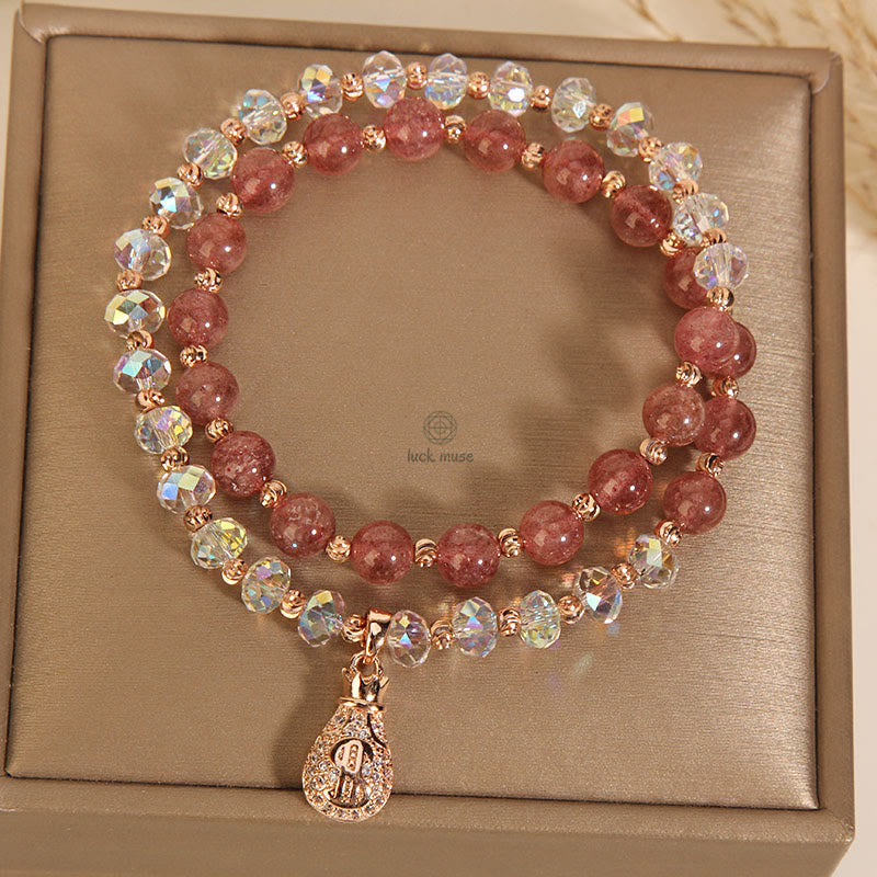 Luck Muse Strawberry Quartz & White Crystal Money Bag Charm Bracelet - Image 8