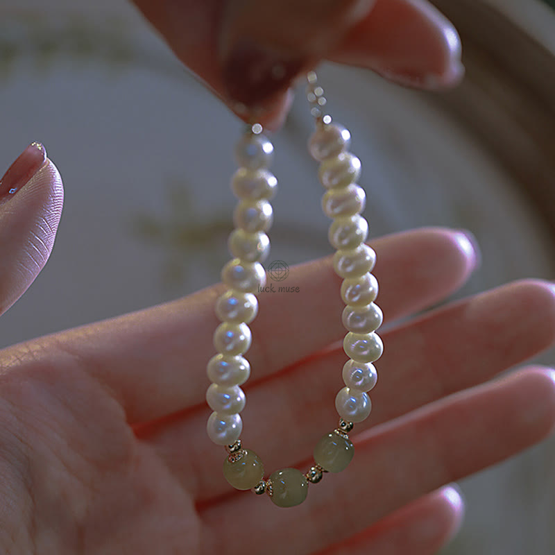 Luck Muse 14K Gold Plated Sincerity Bead Chain Bracelet with Natural Pearl, Hetian Cyan Jade, and White Jade - Image 3