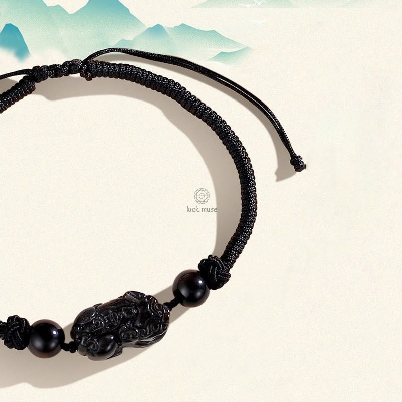 Handmade Silver Sheen Obsidian & Strawberry Quartz PiXiu Protection Bracelet - Image 7