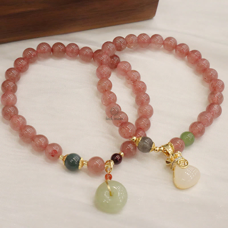 Natural Strawberry Quartz and Jade Peace Healing Bracelet with Coin Purse Buckle