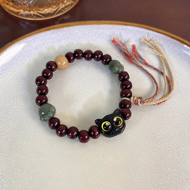 Luck Muse Ebony Wood Cat Paw Jade Peace Tassel Bracelet - Image 7