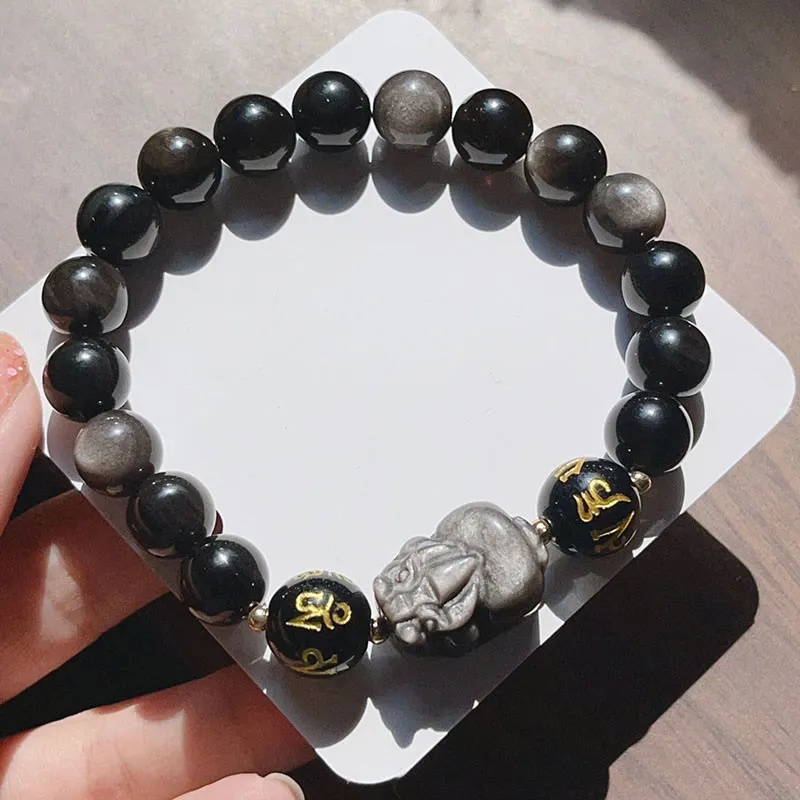 Silver Sheen Obsidian Luck Muse Bracelet with Om Mani Padme Hum Pixiu Protection - Image 3