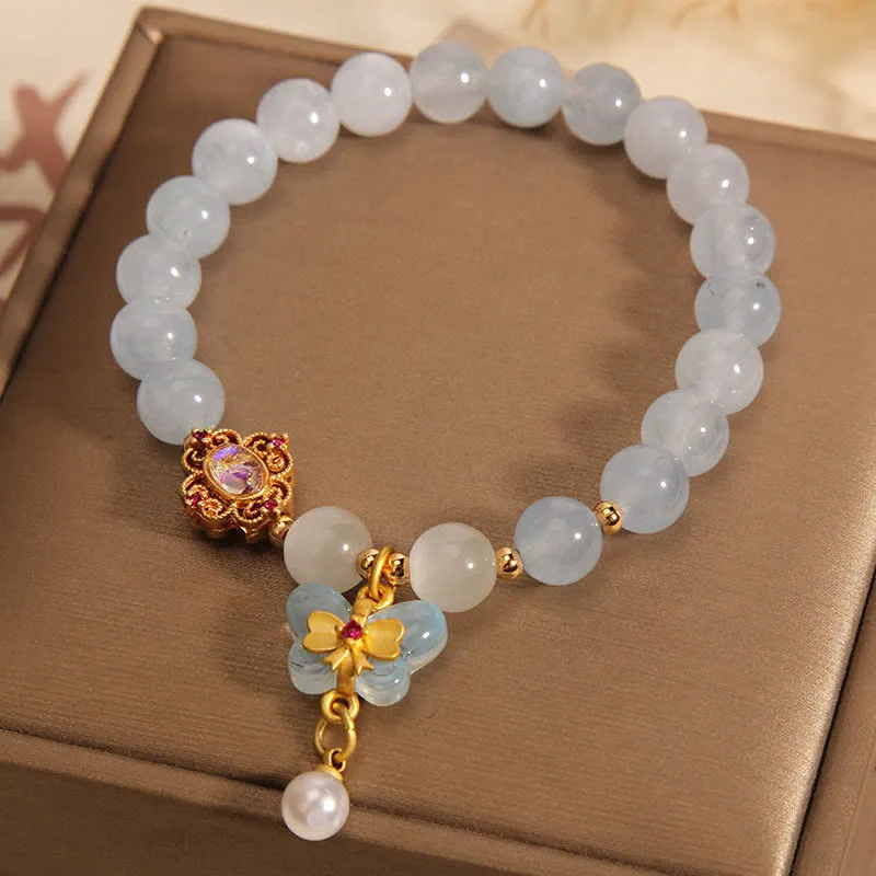 Luck Muse Aquamarine Cat's Eye Butterfly Pearl Healing Charm Bracelet - Image 3