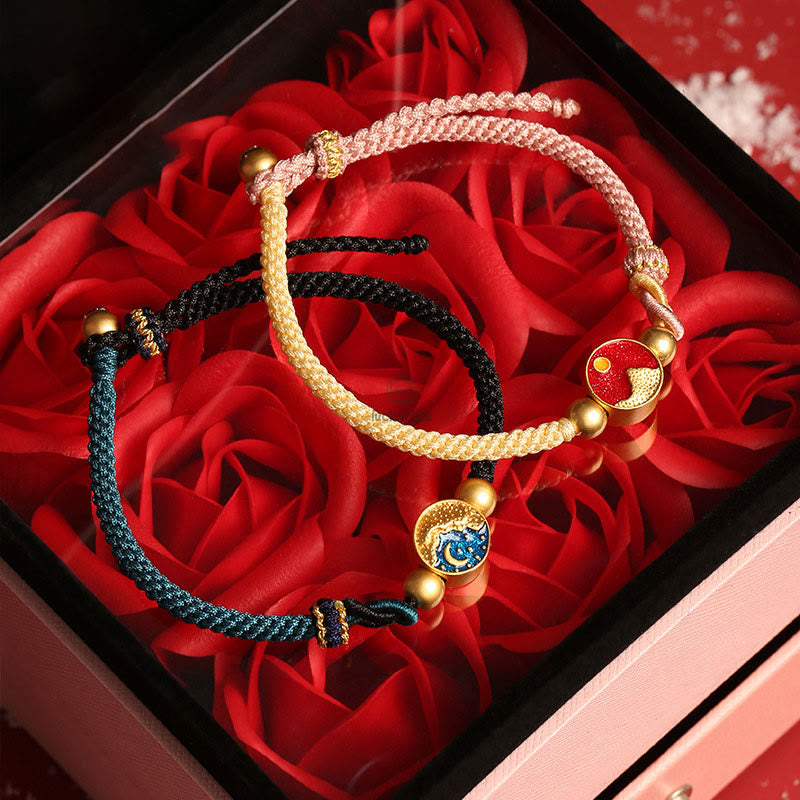 Luck Muse Handmade Luck Sea and Mountain Engraved Couple Bracelet with Two-Color String - Image 2