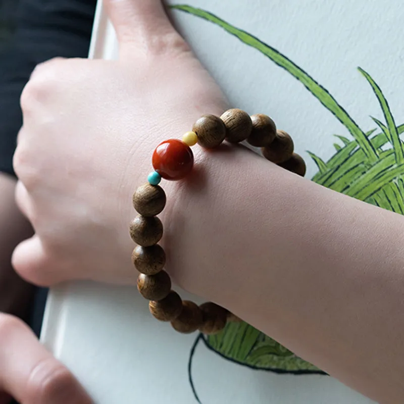 Tarakan Agarwood Amber Red Agate Laughing Buddha Meditation Bracelet - Image 24