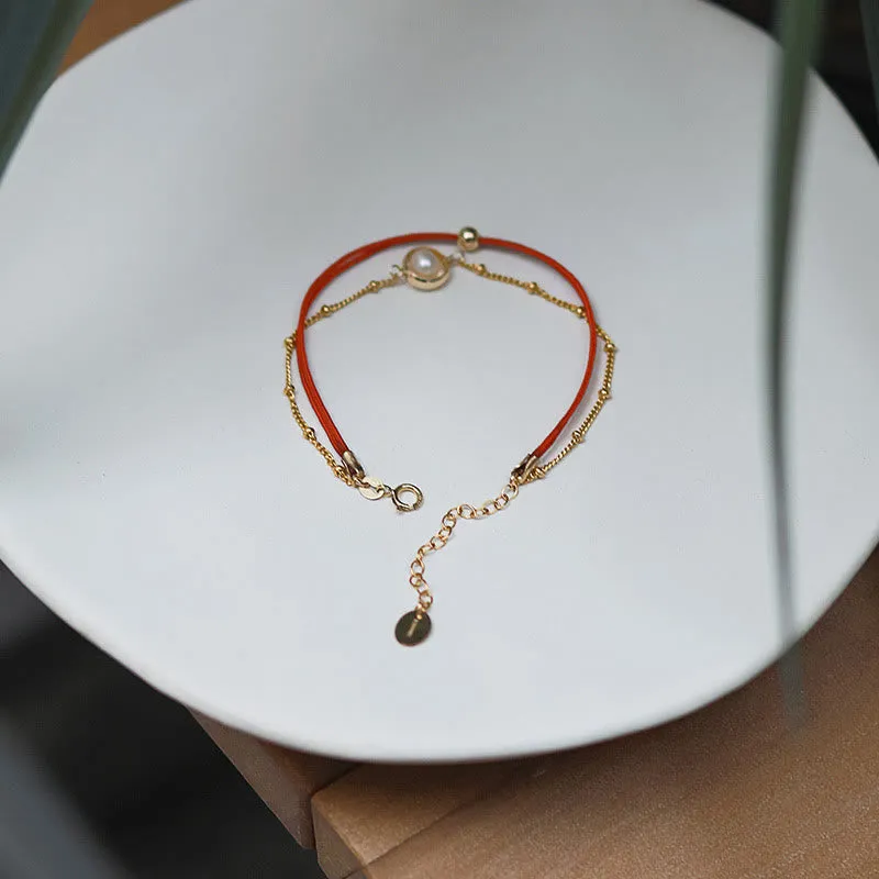 Double Layer Pearl Bead and Red String Bracelet with 14K Gold Plating by Luck Muse Shop - Image 3