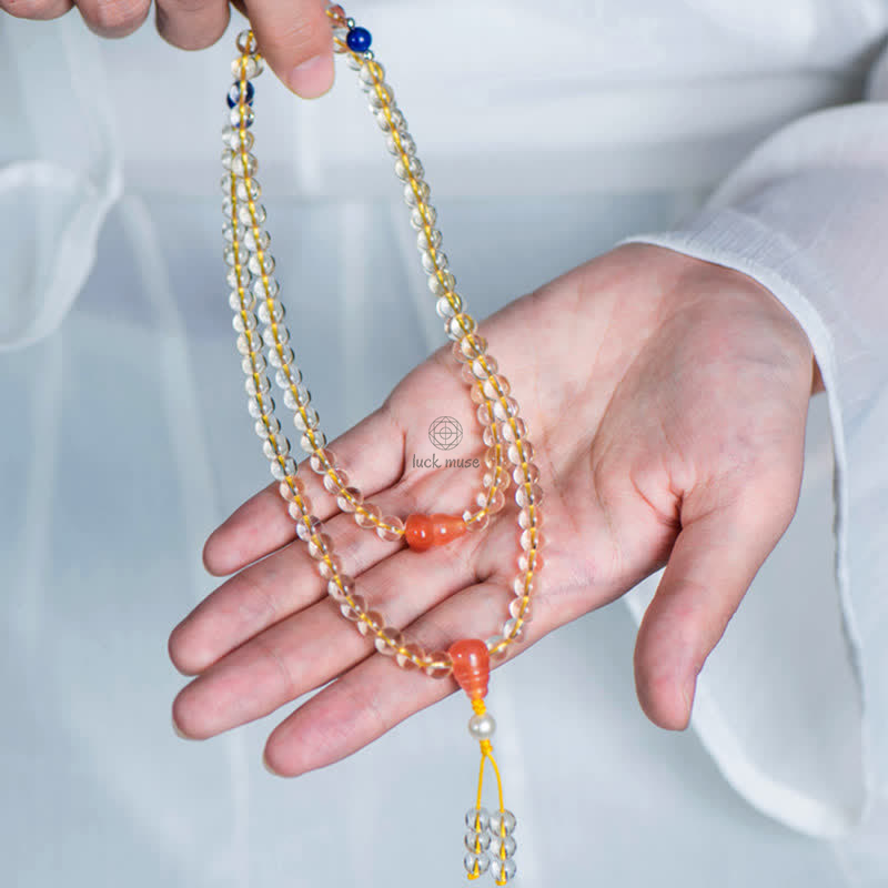 Luck Muse 108 Mala Beads Bracelet with 925 Sterling Silver, Natural Citrine, Red Agate, and White Jade Prosperity Charm - Image 16