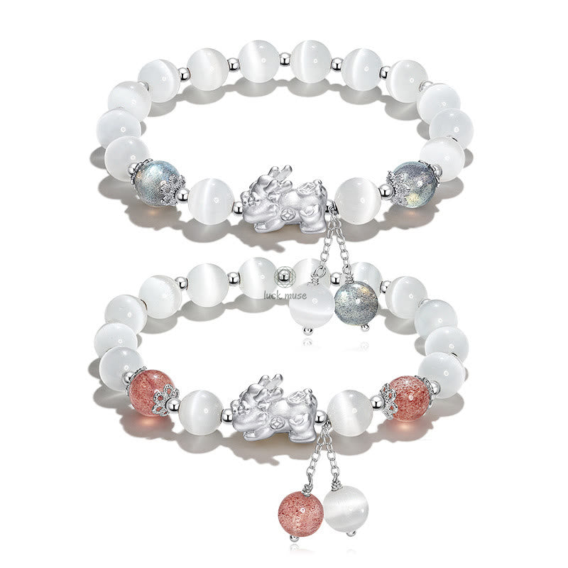 Luck Muse Cat's Eye Moonstone Strawberry Quartz PiXiu Bracelet - Image 13