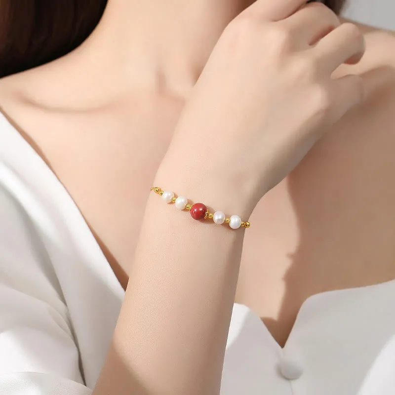 Luck Muse 925 Sterling Silver Pearl Cinnabar Healing Beaded Chain Bracelet - Image 3
