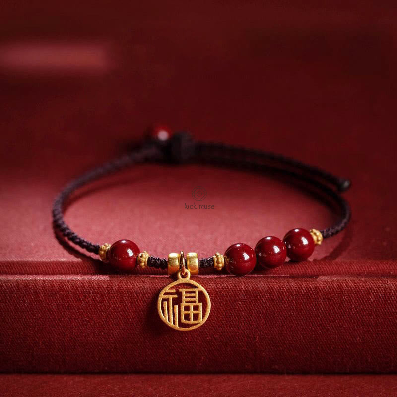 Braided Cinnabar Bead Bracelet with Fu Character Charm by Luck Muse Shop