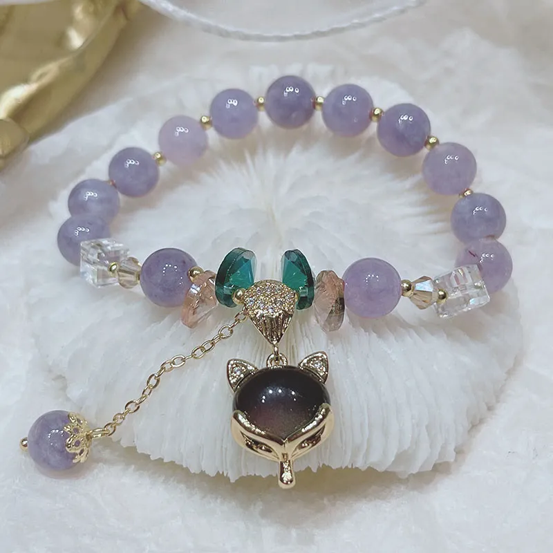 Luck Muse Purple Jade Fox Charm Bracelet for Happiness
