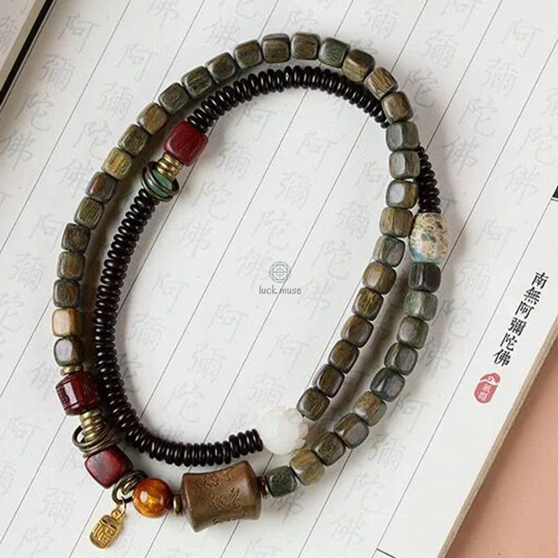 Green Sandalwood Ebony Om Mani Padme Hum Engraved Peace Triple Wrap Bracelet with Luck Muse - Image 11