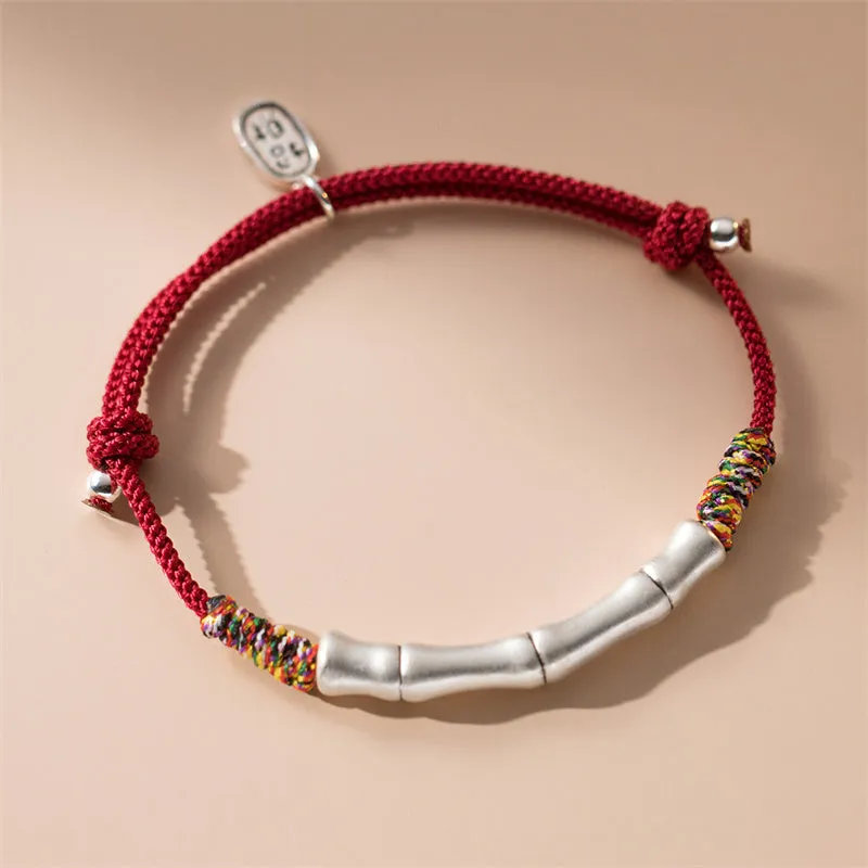 Luck Muse 999 Sterling Silver Lucky Bamboo Colorful Red Rope Bracelet