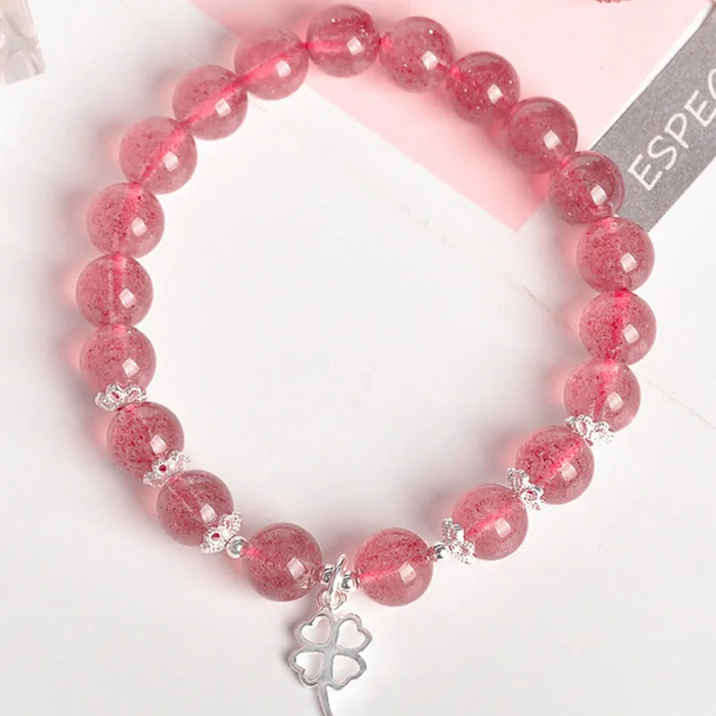 Luck Muse 925 Silver Strawberry Quartz Four Leaf Clover Love Bracelet - Image 5