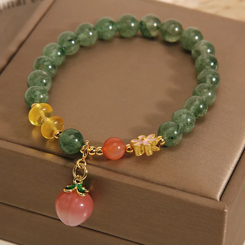 Natural Green Strawberry Quartz Love Peach Charm Bracelet by Luck Muse Shop - Image 3
