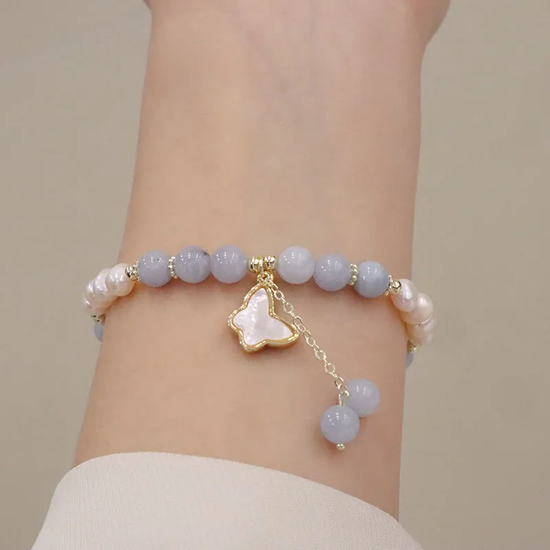 Aquamarine Pearl Healing Bracelet with Ginkgo Leaf and Butterfly Charm - Image 11