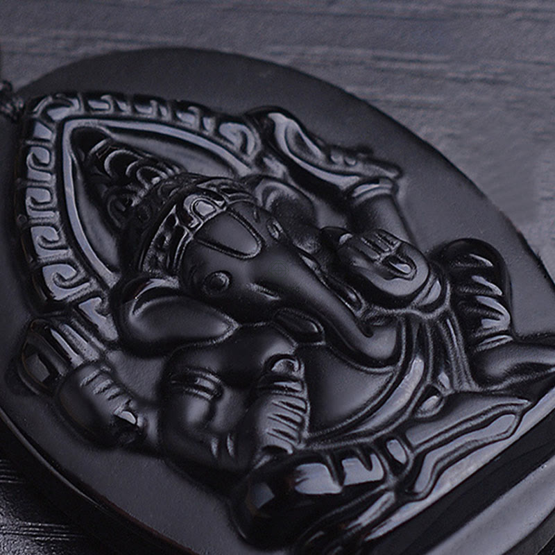 Tibetan Obsidian Ganesh Elephant Wealth Amulet Necklace - Image 6
