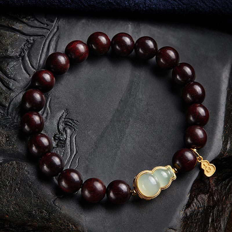 Luck Muse Small Leaf Red Sandalwood Gourd Jade Relaxation Bracelet - Image 8